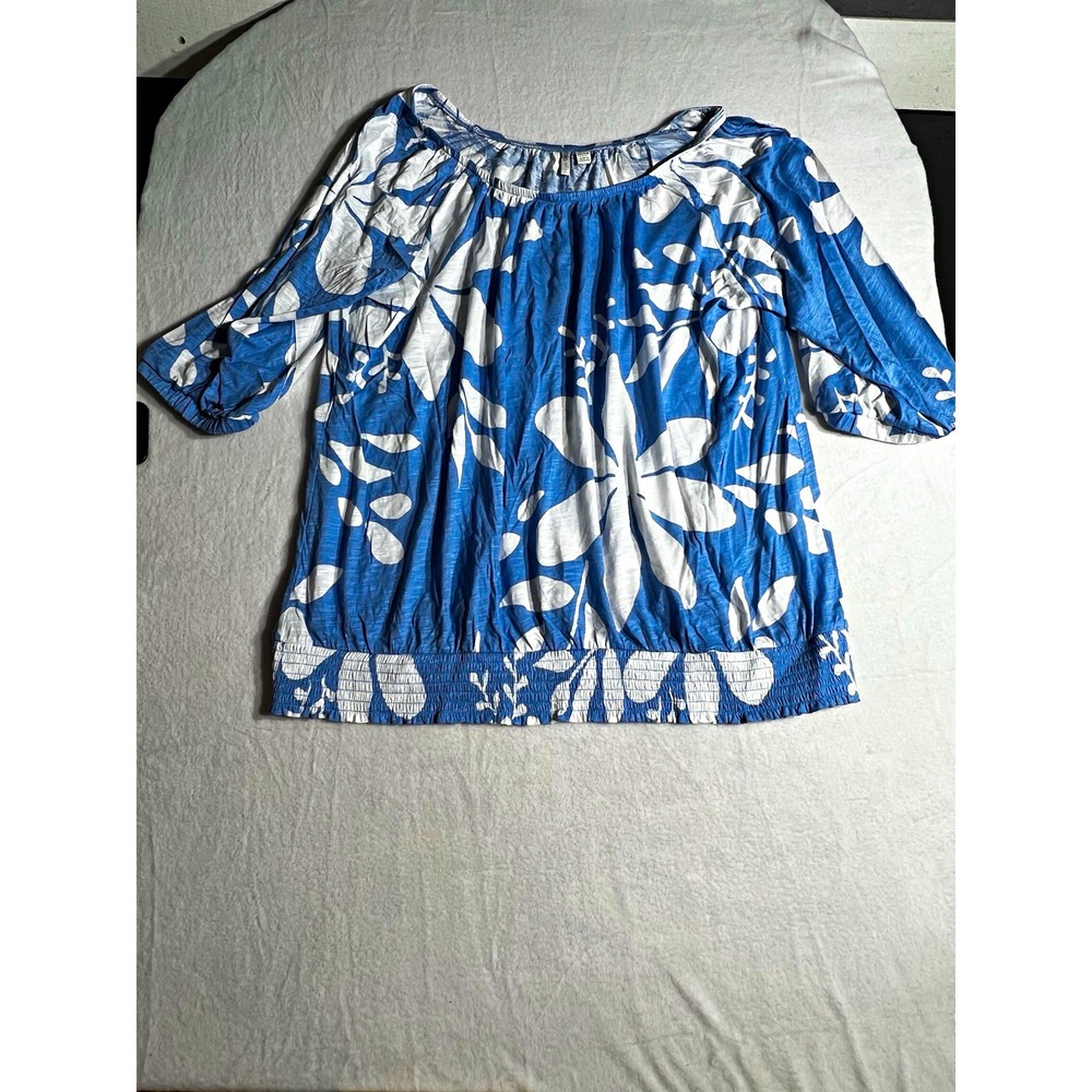 Cato Women's Plus 22 Blue White Floral Off Shoulder 3/4 Sleeve Pullover Blouse